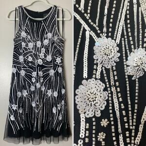 ADRIANNA PAPELL DRESS COCKTAIL PARTY BLACK WHITE SEQUIN BEADED WEDDING GUEST